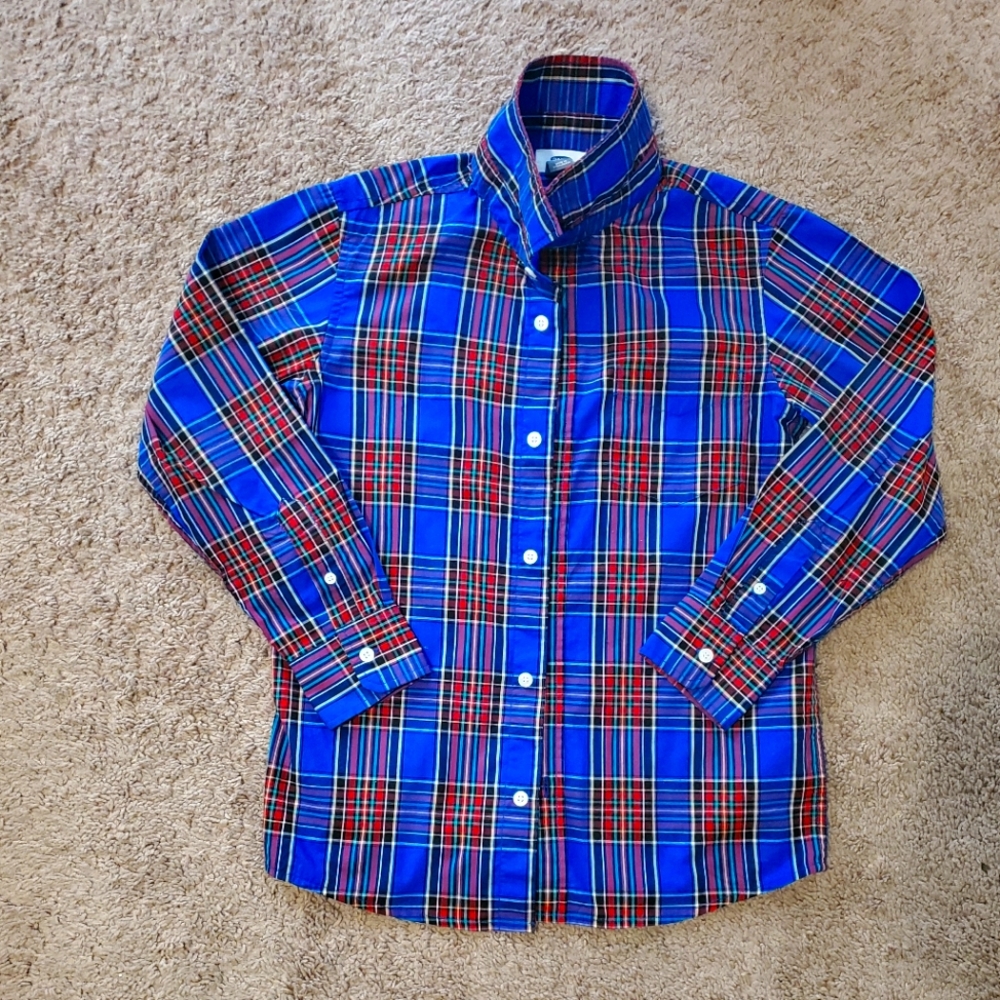 OLD NAVY BOYS BUTTON DOWN PLAID SHIRT.  SIZE 10/12 REG. BLUE, RED, YELLOW. NWOT